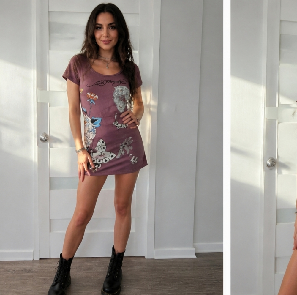 Ed Hardy Mauve Graphic Scoop Neck Mini Dress Vintage Y2K